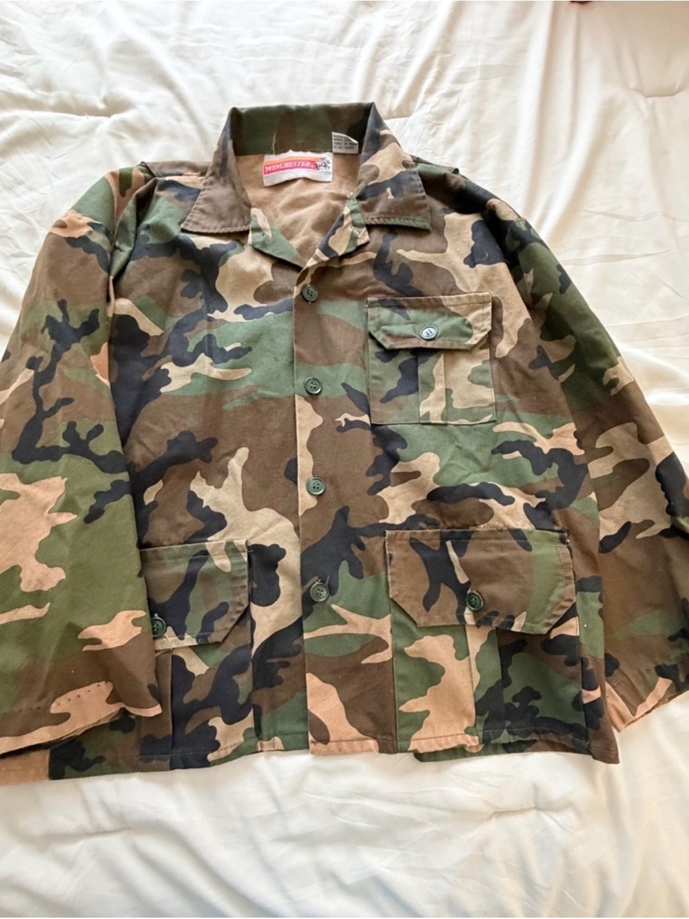 Vintage Winchester Woodland Camo Hunting Jacket Cotton Button Field Coat L 90s